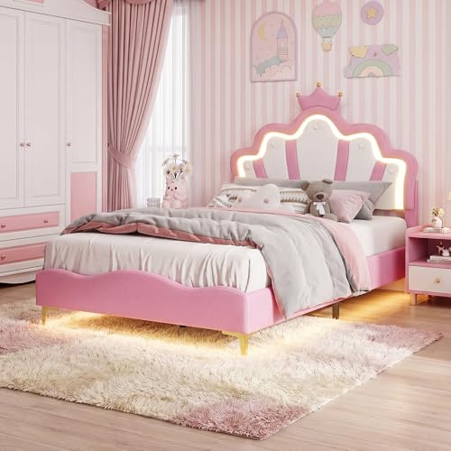 Générique Lit Enfant Rembourré 140x190 cm avec LED pour Fille Adolescent- Tête de Lit Réglable en Hauteur, Sommier à Lattes, Design Couronne de Princesse en Velours Rose (sans Matelas)