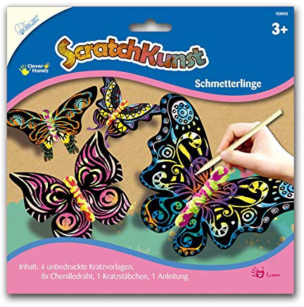 Mammut Spiel & Geschenk 6 158002 - Kratzbilder ScratchKunst, Motive Schmetterlinge, Komplettset mit 4 Kratzvorlagen, Chenilledraht, Kratzstäbchen und Anleitung, Scraper, Kratzset für Kinder ab 3 Jahre