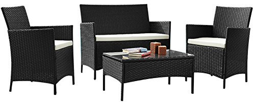BAKAJI Set Salotto Completo di Divano 2 Poltrone e Tavolino in Vetro e Poly Rattan Struttura in Acciaio con Cuscini Sfoderabili Arredo Giardino Terrazzo (Nero)