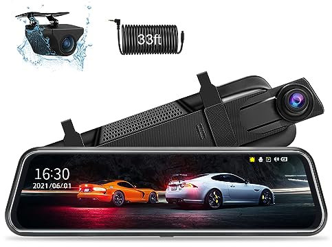 Jansite Upgraded 10'' Mirror Dash Cam Night Vision Front and Rear 1080P Backup Camera FHD Full Touch Screen Car Recorder with Loop Recording, G-Sensor, Parking Monitor 170° Wide Angle