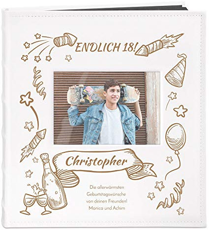 Maverton Fotoalbum zum Selbstgestalten mit Bildausschnitt mit Gravur - für 240 Fotos 10x15-60 schwarze Seiten - Größe 33x30cm - Weiß - personalisierte Geschenke - Geburtstagsgeschenk für Herren