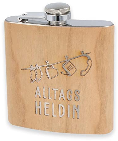 Spruchreif · Flachmann aus Edelstahl mit Gravur · Flachmann Alltagsheldin · Geschenk für Freundin · Flachmann aus Holz · Frauengeschenke · Geschenke für Mama