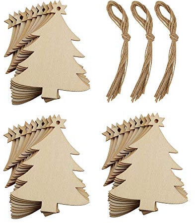 Lifreer 30PCS Wooden Christmas Hanging Ornaments with 30PCS Twines for DIY Crafts