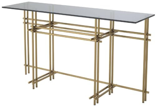 Casa Padrino Designer Konsole Messingfarben/Grau 131 x 36,5 x H. 73 cm - Edelstahl Konsolentisch mit Glasplatte - Designer Möbel - Luxus Qualität