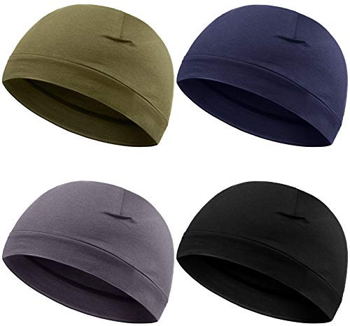 4 Stücke Herren Schädelkappen Weich Baumwolle Mütze Schlafmützen Dehnbar Helmfutter Multifunktionale Kopfbedeckung für Herren Damen (Schwarz, Grau, Armeegrün, Marineblau)