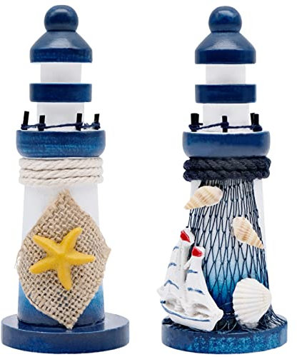 2 Stück Holz Leuchtturm Modell Mini Leuchtturm Deko Maritime Dekoration Fee Garten Ornamente Hochzeit Tischdeko für Badezimmer Kinderzimmer Blumentopf