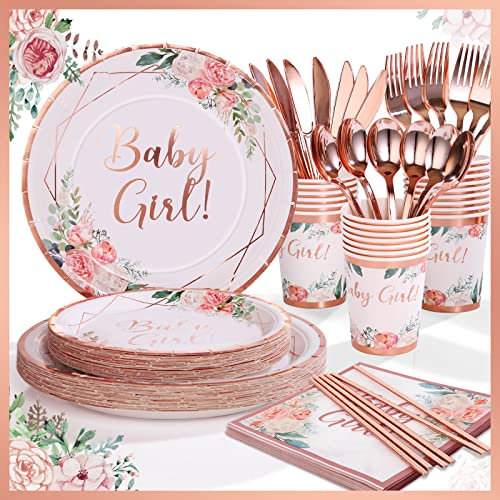 VEIZEDD Baby Girl Shower Decorations, Boho Floral Paper Plates, Napkins, Dessert Plates, Cups & Straws, 24 Count, Pink, Rose Gold Foil, Baby Girl