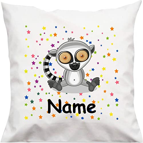 Kuschelkissen Katta AFFE mit Wunschnamen Tiermotiv Sterne Sterne, Kinderzimmer Kuscheln, Kopfkissen Dekokissen mit Füllung, Größe 40X40cm, Farbe weiß