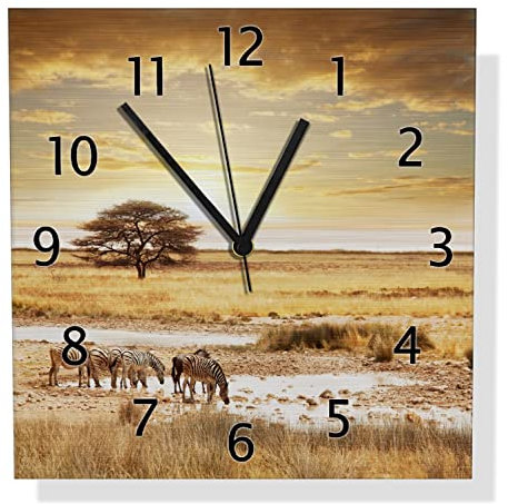 Wallario Design Wanduhr Safari in Afrika eine Herde Zebras am Wasser aus Aluverbund, Alu-Uhr Größe 30 x 30 cm, Schwarze Zeiger mit Metalloptik