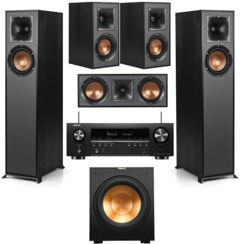 Klipsch Reference 5.1 Home Theater Speaker Bundle with R-610F Floorstanding Speakers, R-52C Center, R-12SW Subwoofer, R-41M Bookshelf Speakers and Denon AVR-S670H 8K Receiver