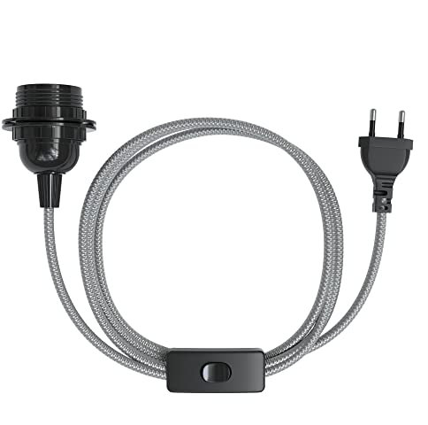 EAZY CASE E27 Lampenfassung mit 5 m Kabel aus Stoff, Schalter, Schraubring für Lampenschirm und Netzstecker - ideale Lampenaufhängung für Hängeleuchten, Pendelleuchten, DIY Lampe, Silber