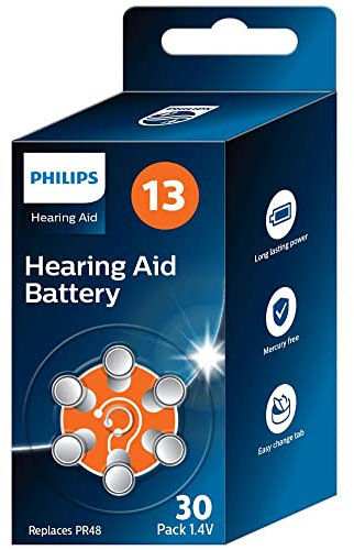 PHILIPS x30 Pilas 1.4V para Audífonos 13 (Hearing Aid Battery) ZA13BX30/00, Tecnología Premium Zinc Air, Batería de Máxima Duración, Pestaña Abre-Fácil, Tipo PR48 (30 Unidades) Color Naranja