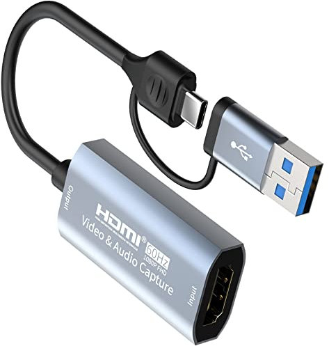 Videoaufnahmekarte, USB 2.0 HDMI auf USB C Audio Capture Card, 4K 1080P60HZ Capture mit Typ-C Adaptergeräten für Gaming Live Streaming Video Recorder, kompatibel mit Windows Mac OS System usw