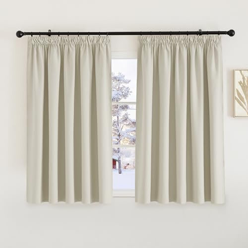 PONY DANCE Energy Saving Bedroom Blackout Curtains - 54 inch Drop Hand Made Pencil Pleat Curtain Drapes Thermal Insulated Room Darkening for Living Room, W66 X L54, Light Beige, 2 Panels