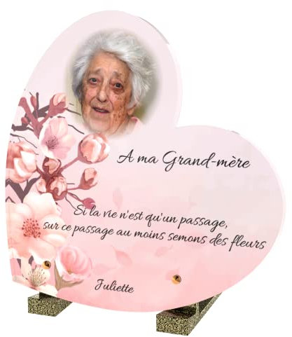 Plaque Funéraire Personnalisée Coeur - Thème Fleurs - plaque funéraire personnalisable coeur avec photo et texte - Résistante aux Intempéries - Traitée Anti UV (Cerisier, 21x21 cm)