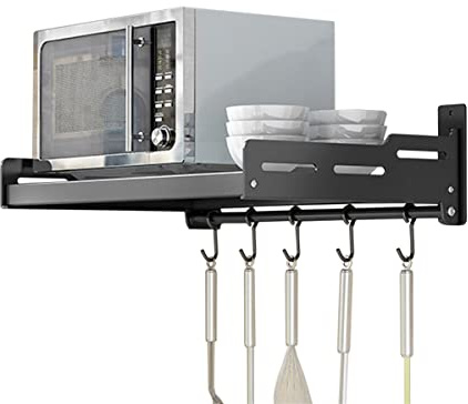 Redwestmelon Microwave Oven Rack, Wall Mounted Stainless Steel Shelf Holder with 5 Hooks