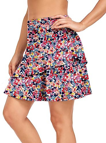 Soneven Hosenrock Damen Knielang Tennis Rock mit Hose Drunter Mädchen Pleated Wanderrock Damen Rock Sommer Sport Rock mit 3 Taschen und Kordelzug 1-Farbig Blumig XL