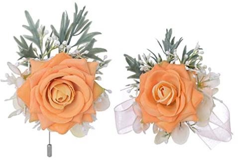IYOU Ensemble de Corsage de Poignet de Mariée Fleur d'Oranger Corsage Bracelet Hommes Boutonnière de Bal Demoiselle D'honneur Mariée Boutonnière Ensemble Accessoires pour Femmes et Hommes