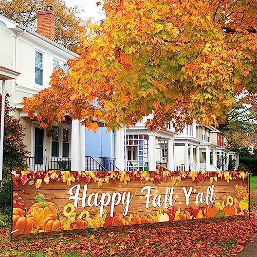 Happy Fall Decorations Banner, Happy Fall Y'all Yard Banner Thanksgiving Happy Autumn Fall Harvest Banner Yard Schild, Herbst Ahornblätter Kürbis Thanksgiving Day Herbst Party Banner für Indoor