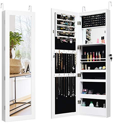 GOPLUS Armoire à Bijoux 2 en 1 avec Miroir Pleine Longueur, Organisateur de Bijoux Mural avec Lumières LED Automatiques, Armoire de Bijoux Verrouillable pour Chambre, Vestiaire (Blanc)