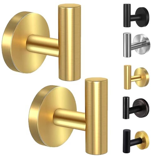 Kruodop Ganchos para toallas para baño, 2 paquetes de soporte para toallas de pared, gancho de pared dorado mate, gancho de toalla de acero inoxidable resistente para cocina, dormitorio, hotel,
