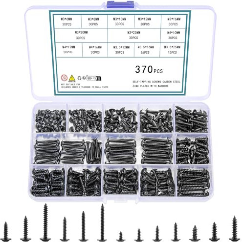 QOOSIKICC Ensemble de 370 Vis à Tôle Auto-foreuse, Vis à Tête Plate Cruciforme avec Tête de rondelle pour Plastique Bois Métal - M3, M3,5, M4, Noir, Acier Au Carbone