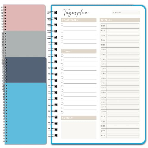 BIROYAL Zeitmanagement Handbuch, 4 Stück Tagesplaner, 100 Seiten Terminplaner, 14x21cm To Do Liste, Daily Planner Spiralblock, Notizblöcke Terminplaner Notizbuch für Reise Schule Organizer