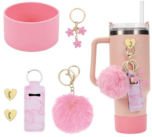 Water Bottle Boots Cover Mini Hooks Lipstick Sleeve Pouch Pom Daisy Charm Keychain Compatible with Stanley Tumbler, Siliocne Water Bottle Boots for Stanley Tumbler Cup 40oz., Pink