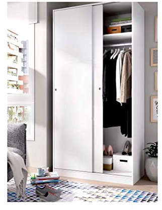 Armario Puertas CORREDERAS Eight - Blanco Armario ropero de 100 x 50 con Estante y Barra colgadora. Puertas deslizantes para Ahorrar Espacio