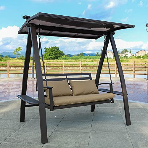 Patio Porch Swing Chair, Deluxe Patio Hammock Swing Glider Bench with Hardtop Canopy and Solar LED Light, for Outdoor Garden,2Seat