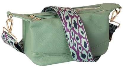 Pom Peace of Mind Camera Shoulder Bag Cross Body Pale Green Double Zip Vegan Friendly with Leopard Strap