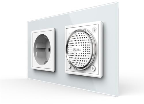 LIVOLO Schuko Steckdose Wandsteckdose + Bluetooth Lautsprecher Sound Stereo Box Mini Speaker Einbaulautsprecher Wandlautsprecher UP Einbau inkl. Glasrahmen zweifach in Weiß VL-FCF-C1EU-SR-SR-11-A