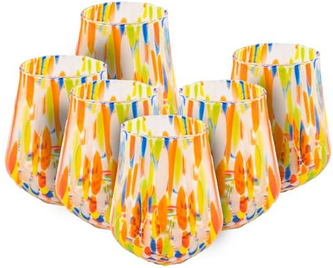 MurArt Bicchieri di Murano Set da 6 bicchieri da 300ml in vetro soffiato a mano in lavorazione artigianale Made in Italy B8 (Multicolore, Bicchieri Acqua 6pz)