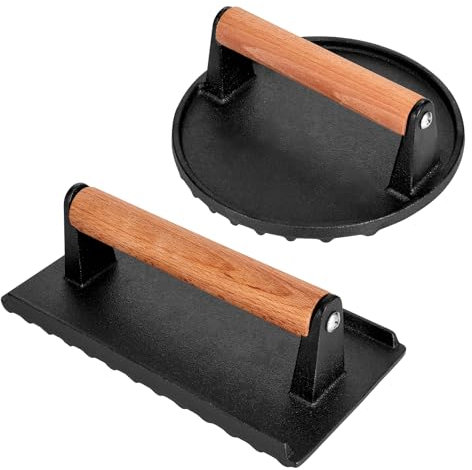 Whaleme Burger Press Set - 7 Round Smash Burger Press & 8.3x4.3 Rectangle Cast Iron Grill Press with Wooden Handle - Smasher is Perfect for Blackstone Griddle, Pitboss Weber Treager Griddle Grills