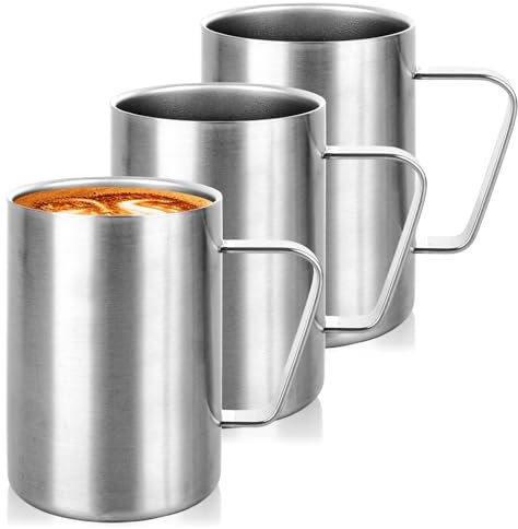 LDXDRU Paquete de 3 tazas de camping de 500 ml, tazas de acero inoxidable con asa, tazas aisladas de doble pared, tazas de café, tazas de viaje, tazas de beber para bebidas frías o calientes, bebidas,