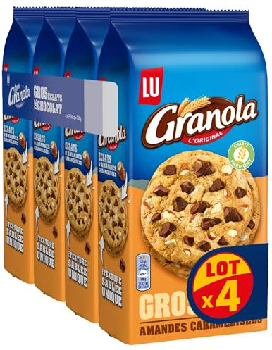 LU GRANOLA - 4 Sachets de Cookies Granola aux Gros Eclats de Chocolat et Amandes Caramélisées - Format Familial Pratique pour le Goûter - Lot de Biscuits - Lot de 4x184g
