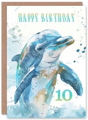 Artery8 Sea Watercolour Dolphin 10th Ten Age 10 Year Old For Child Kids Birthday Card