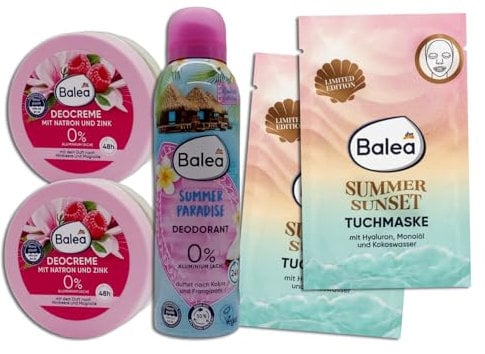 Balea 5er Set: Deocreme mit Natron und Zink, 2 x 50 ml hält bis zu 48 Stunden lang – 2 x Tuchmaske + 1 x Deo Spray 200 ml