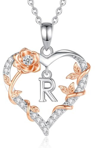EUDORA Harmony Ball Collier avec Initiale R en Forme de Cœur et de Rose pour Femme, Lettre R de l'alphabet, Pendentif en Cuivre Plaqué Rhodium avec Zircone Cubique, Initiales Bijoux Cadeaux, 45,7 cm