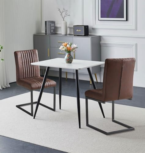 Hallowood Furniture Cullompton Small Dining Table and Chairs Set 2 80x60cm | White Marble Effect Two Seater Table and Chairs with Brown Leather Effect, Space Saving Breakfast Nook Dining Set for Home