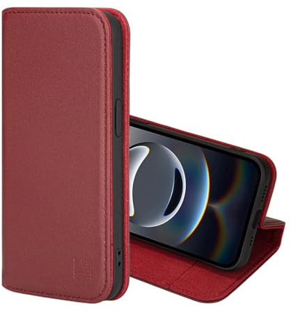 32nd Classic Series 2.0 - Real Leather Book Wallet Flip Case Cover For iPhone 17e/16e, With RFID Blocking Card Slot, Magnetic Closure and Built In Stand - Burgundy