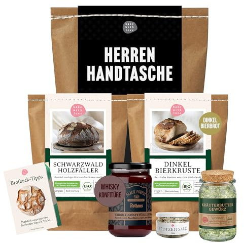 Männerhandtasche Feinkost Geschenkset - Präsentkorb für Männer mit Bio Brotbackmischungen, Whisky Marmelade und Gewürzen - Männergeschenke zum Geburtstag & Mitbringsel zum Grillen - Bake with Love
