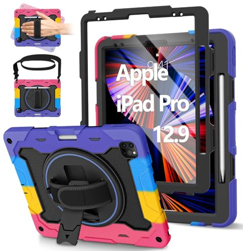 ROSROME Funda para iPad Pro 12.9 de 6ª/5ª/4ª/3ª generación con protector de pantalla para niños, funda resistente a prueba de golpes para iPad Pro de 12.9 pulgadas con soporte de 360°, correa de mano