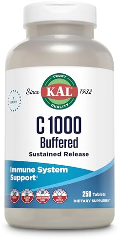 KAL Vitamin C 1000 Plus | 1000mg | 250 Tabletten | gepuffert | glutenfrei | vegan | ohne Gentechnik | laborgeprüft | Nahrungsergänzungsmittel mit VitaminC | Zellschutz | Stoffwechselprozesse