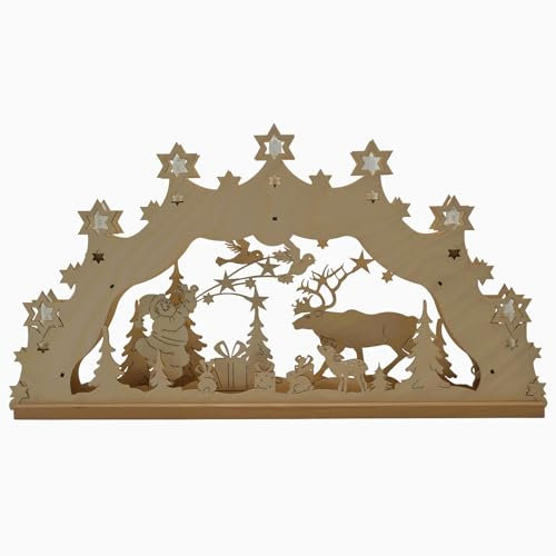 Erzwelt - Lichterbogen ELB – Schwibbogen aus Holz – Leuchtbogen mit 7 Kerzen – Original Erzgebirge Fensterbogen – Weihnachtsdeko – Motiv Weihnachtsmann mit Geschenk – 32 x 56 x 5 cm