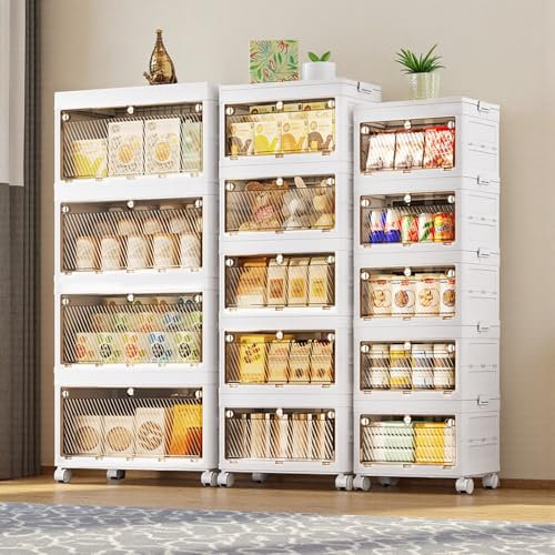 NEW Integrated Storage Boxes with Lid 40L*5 Tier One-Piece Design Plastic Storage Boxes, Flip-Door Foldable Stackable Bins with Wheels, Stackable Drawers Containers for Home Office Organisation