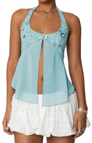 Nicoxijia Damen Y2K Sexy Pailletten Sparkle Neckholder Crop Tops Ausgehen Rückenfrei V-Ausschnitt Camisole Slim Fit Kokette Cami Tank Top