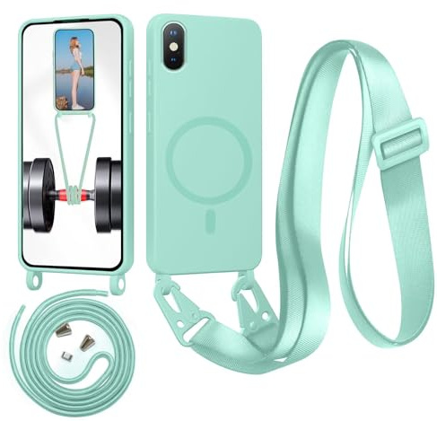 Beajew Handykette für iPhone X/iPhone XS Hülle mit Band [Kompatibel mit Magsafe] Flüssig Silikon Necklace Handyhülle Magnetische Schutzhülle zum Umhängen Kordel für iPhone X/iPhone XS, Minzgrün