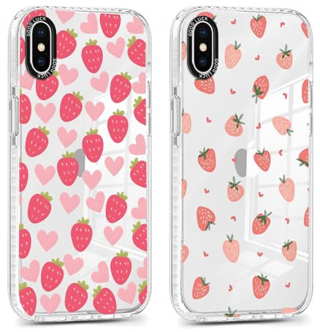Xylota 2 Pezzi Cover per iPhone X/iPhone XS 5,8, Trasparente Aesthetic Fragola Cuore Disegni Ragazze Donne Custodia, Morbida Silicone Sottile TPU Bumper Antiurto Protettiva Case per iPhone X, Rosa