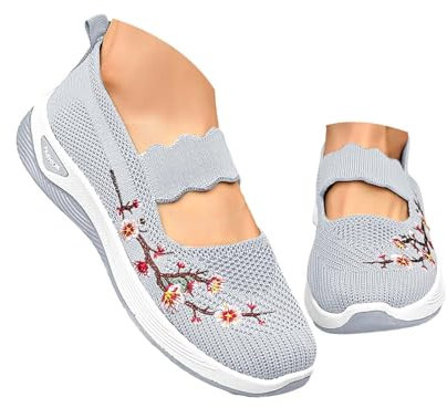 blitzangebote des tages Slip on Sneakers Damen Orthopädische Walkingschuhe Atmungsaktiv Rutschfest Sommerschuhe Mesh die Blumen Diabetiker Schuhe Breite Fuß sommer turnschuhe damen Grau EU 34